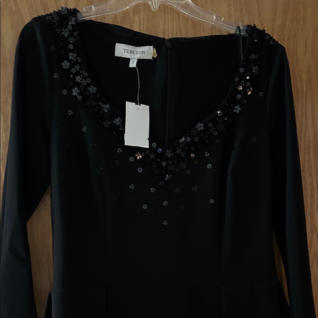 Teri Jon Black Sequin Long Sleeve Dress